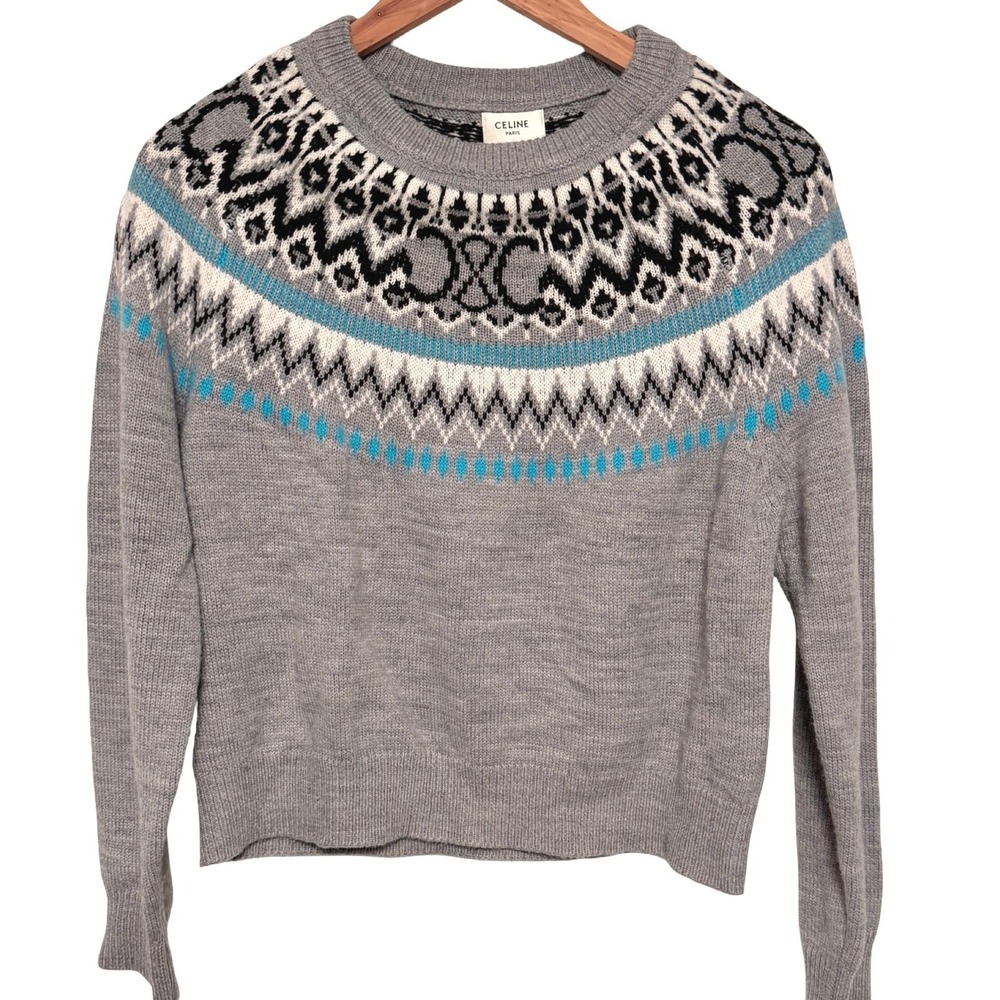 Celine Fair Isle Triomphe Yoke Sweater L Gray 100% Wool Knit Nordic Crew Neck